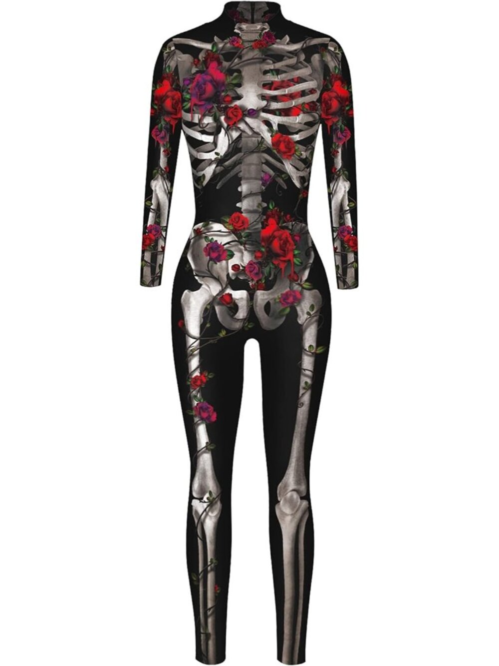 Women's 3D Floral Rose Skeleton Printed Long Sleeve Halloween Catsuit Bodycon